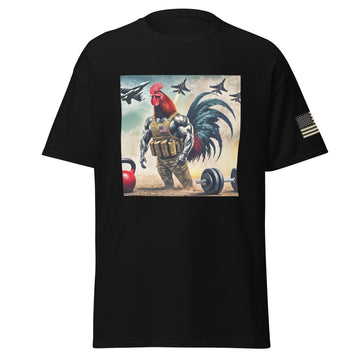 Rooster Pumping Iron On The Battlefield T-Shirt